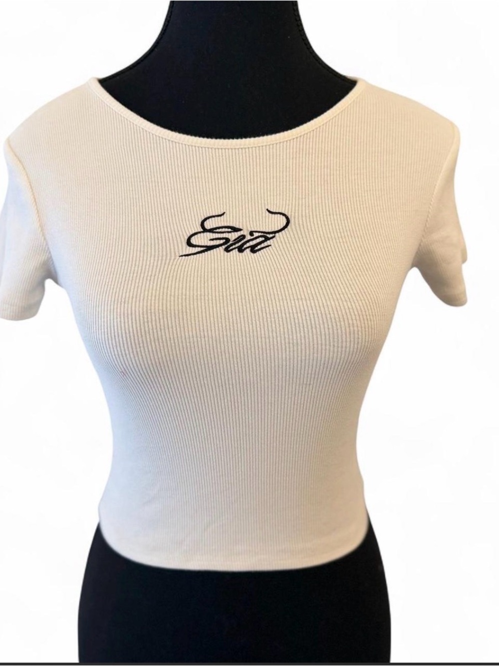 Cream Ribbed Short Sleeve Crop Top with Script Logo